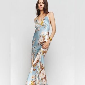Reformation Maysen Silk Dress Size 6 Serene Light Blue Spaghetti Strap Maxi $448